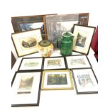Large selection of framed prints, Biscuit barrel, water jug etc