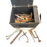 Wooden tool box with tools to include scrapers, trowels etc