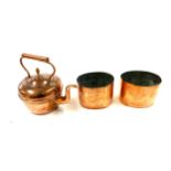 Copper kettle, 2 matching copper small plant holders