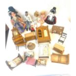 Selection of vintage dolls house furniture and dolls