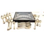 Selection of silver plated forks, knives, spoons etc with wooden case