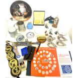 Large selection of collectable items to include silver plate, alarm clocks, Poole pottery, World cup