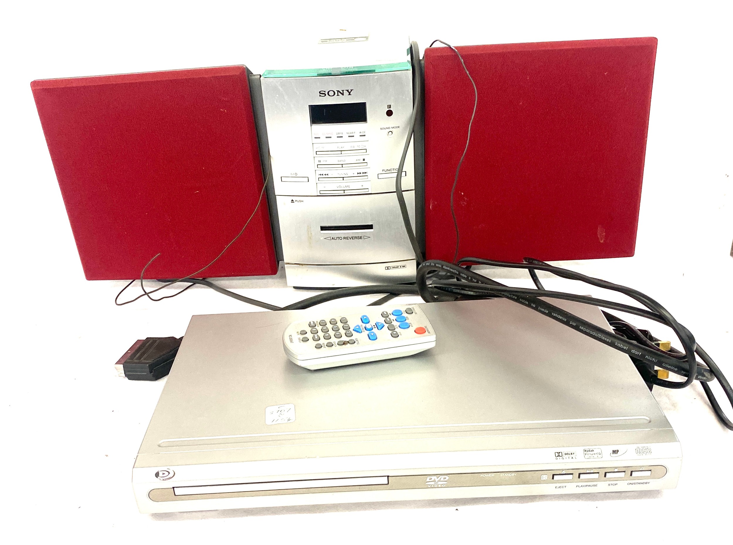 A Sony compact disc digital audio stereo and speakers and a Dolby digital dvd player with remote- - Image 2 of 3