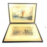 Framed boat scene water colour and a boat scene drawing, both signed each measures approx 14.5