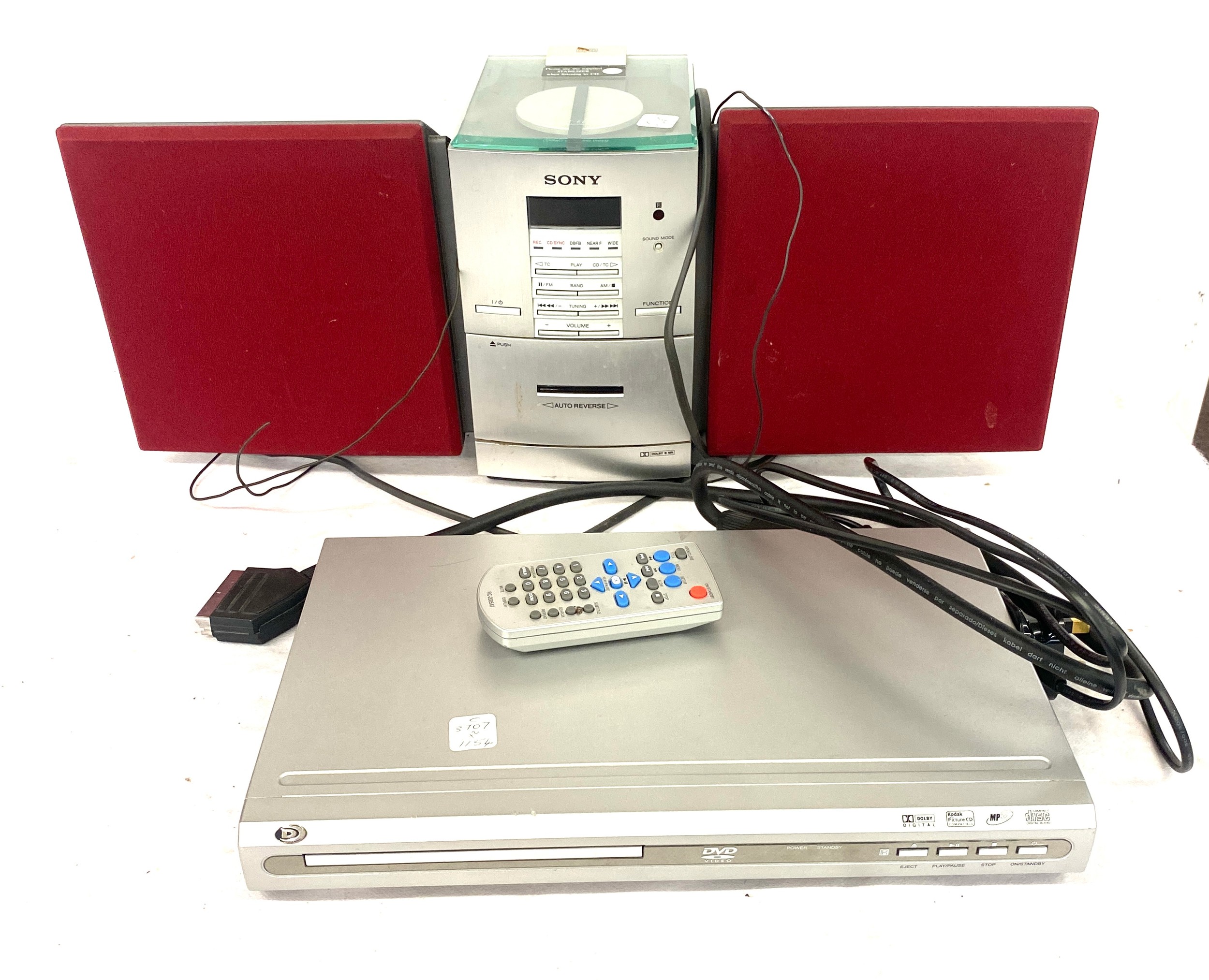 A Sony compact disc digital audio stereo and speakers and a Dolby digital dvd player with remote-