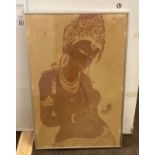 Framed vintage buddha staining on cloth measures approx