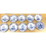 A selection of ten Wedgwood Queens ware blue and white wall plates depicting ships