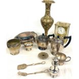 Selection of metalware to include silver plate, carriage clock etc