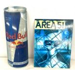 2 Small metal advertising signs, Red Bull and Araa 51 tallest measures approximately 19.5 inches