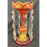 Vintage red and glass luster, missing 2 glass droplets otherwise overall good condition, approximate