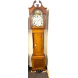 Mahogany long case painted face, arch dial clock, chimes on the quarter, 8 day. W. Kleiser,