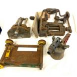 Selection vintage tools to include table vices, screwdrivers, hand drills etc