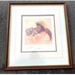 Signed print by S L Crawford of Lester Piggott, approximate frame measurements: Width 22 inches,