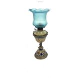 Royal Doulton Lambeth oil lamp with funnel and shade, 24 inches tall, with marks to inner bowl,