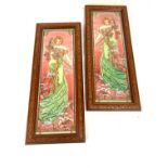 True pair of art nouveau style tiled plaques measures approx 20 inches tall 8 inches wide