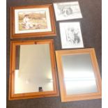 2 pine framed mirrors, 3 framed prints, largest mirror measures approximately Height 28.5 inches,