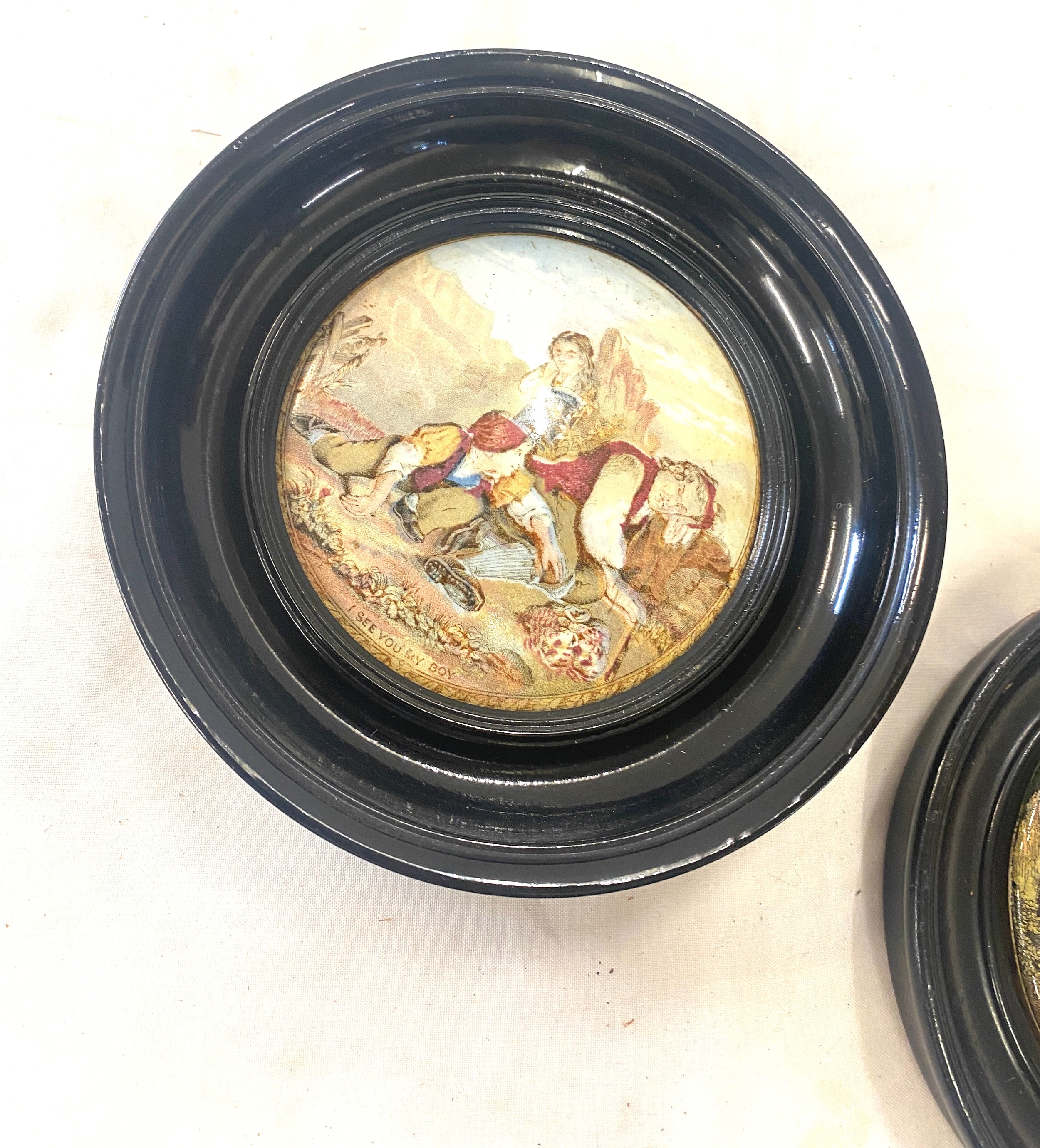 Two vintage framed pot lids includes i see you my boy and charity, largest measures approx 6.5 - Image 2 of 4