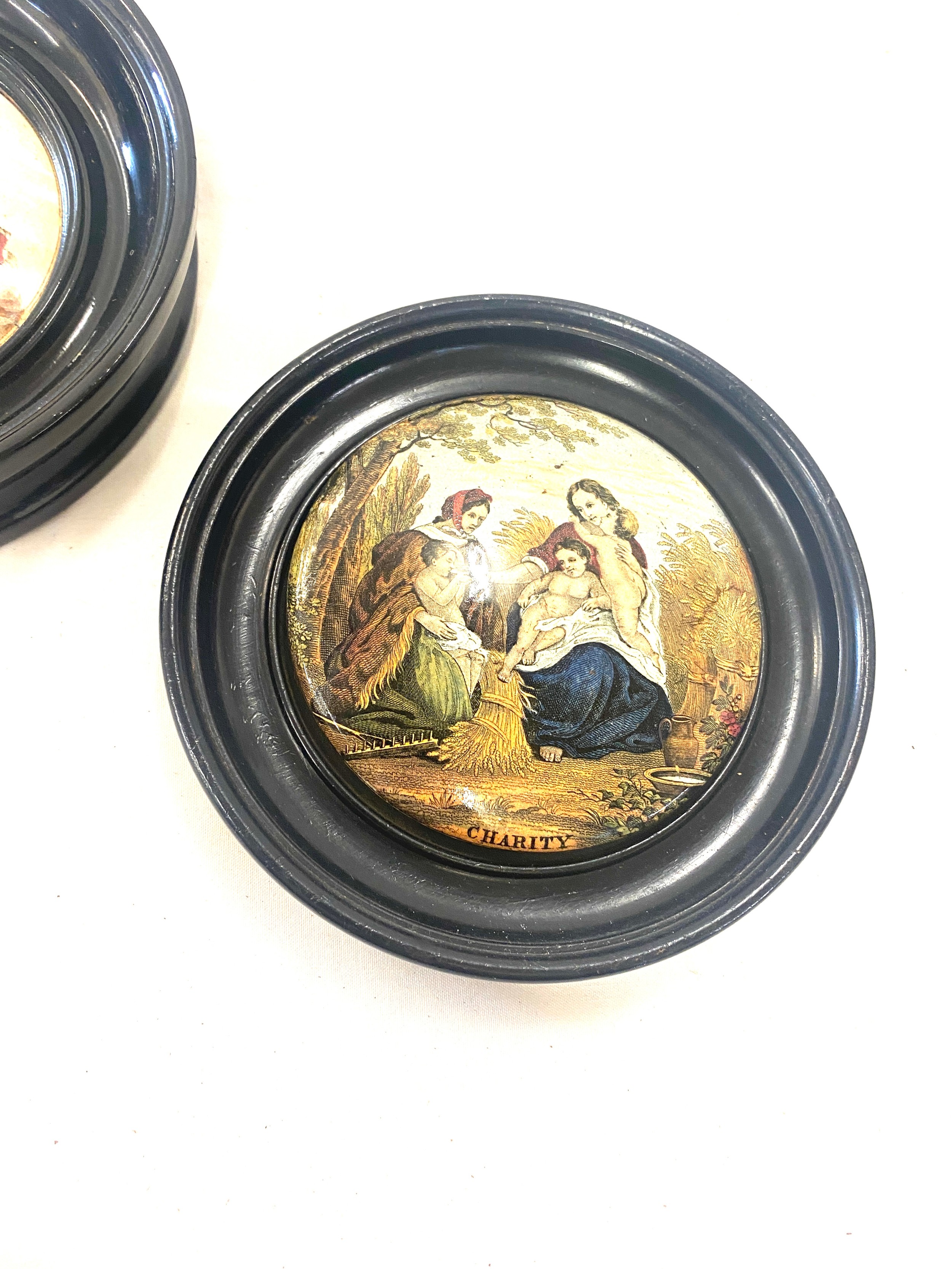 Two vintage framed pot lids includes i see you my boy and charity, largest measures approx 6.5 - Image 3 of 4