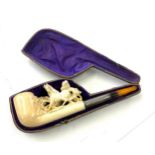 Large 19th century Meerschaum pipe of horses with amber stem, in original box, however piece does