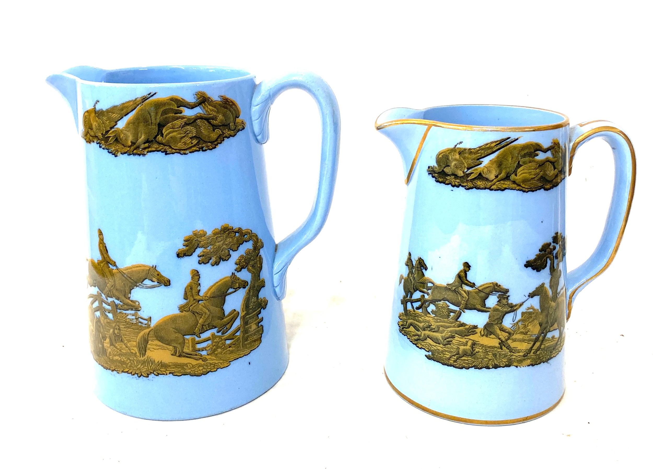 2 Antique Prattware jugs, hunting scenes, Diamond registration mark mid 19th century - Image 2 of 4