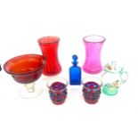 Selection of coloured glassware includes vases, jug, pots etc