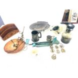 Selection of miscellaneous includes carved wooden letter holder, Brass ware, glass decanter etc