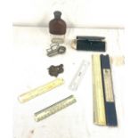 Selection of collectable items includes Vintage rulers, cheltenham lodge no 3210 medal, hip flask