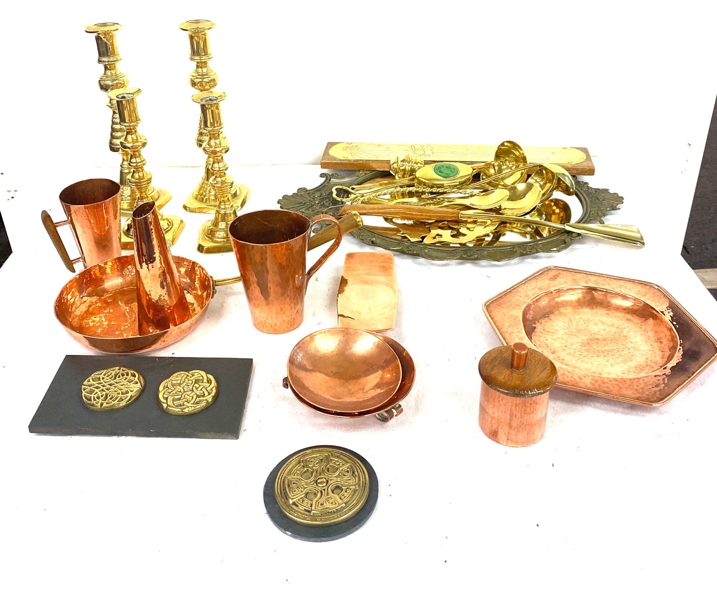 Selection of metal ware includes candle sticks, mirror etc