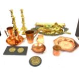 Selection of metal ware includes candle sticks, mirror etc