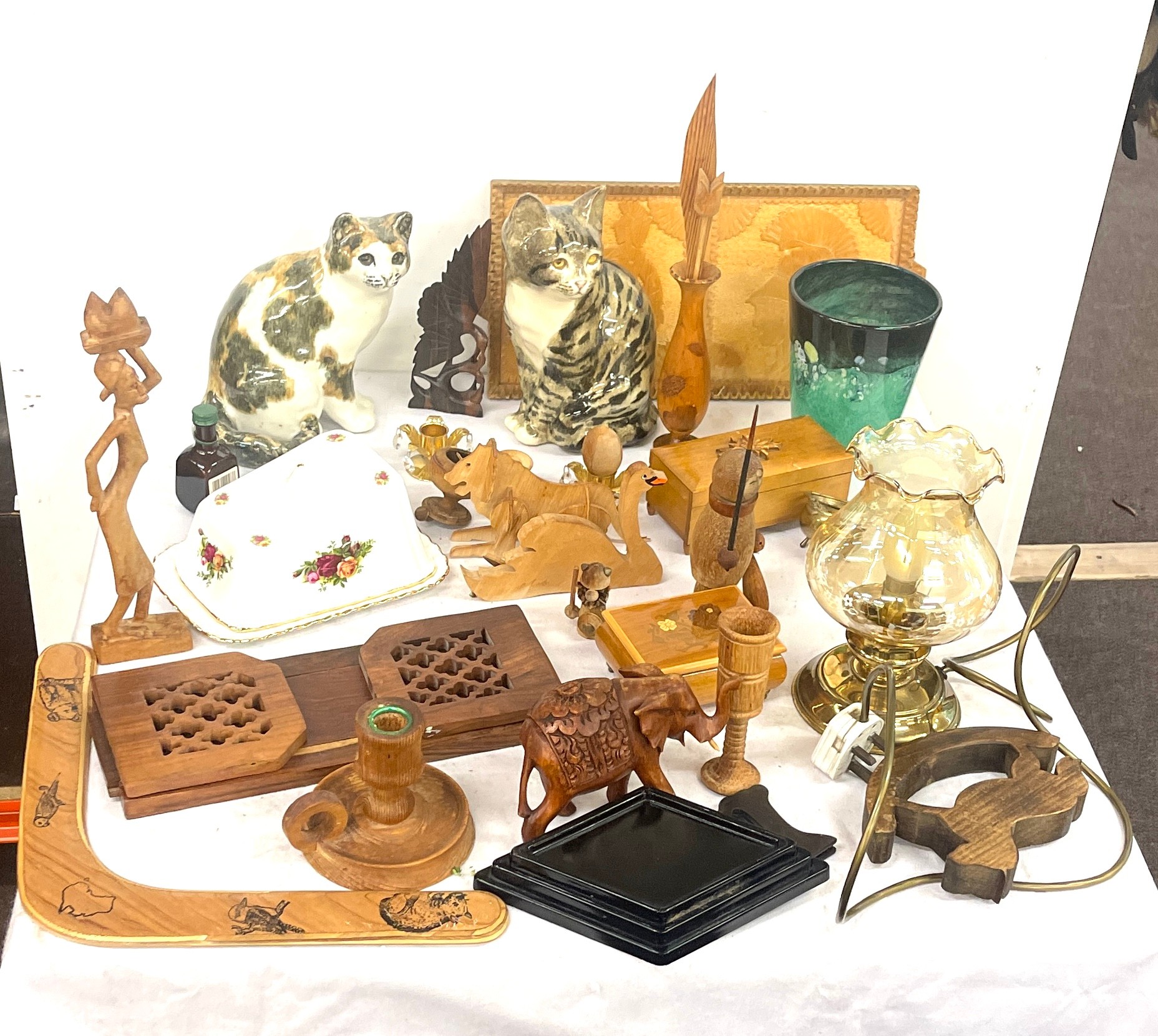 Selection of miscellaneous includes wooden items, cat figures, Royal Albert cheese dish etc