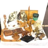 Selection of miscellaneous includes wooden items, cat figures, Royal Albert cheese dish etc