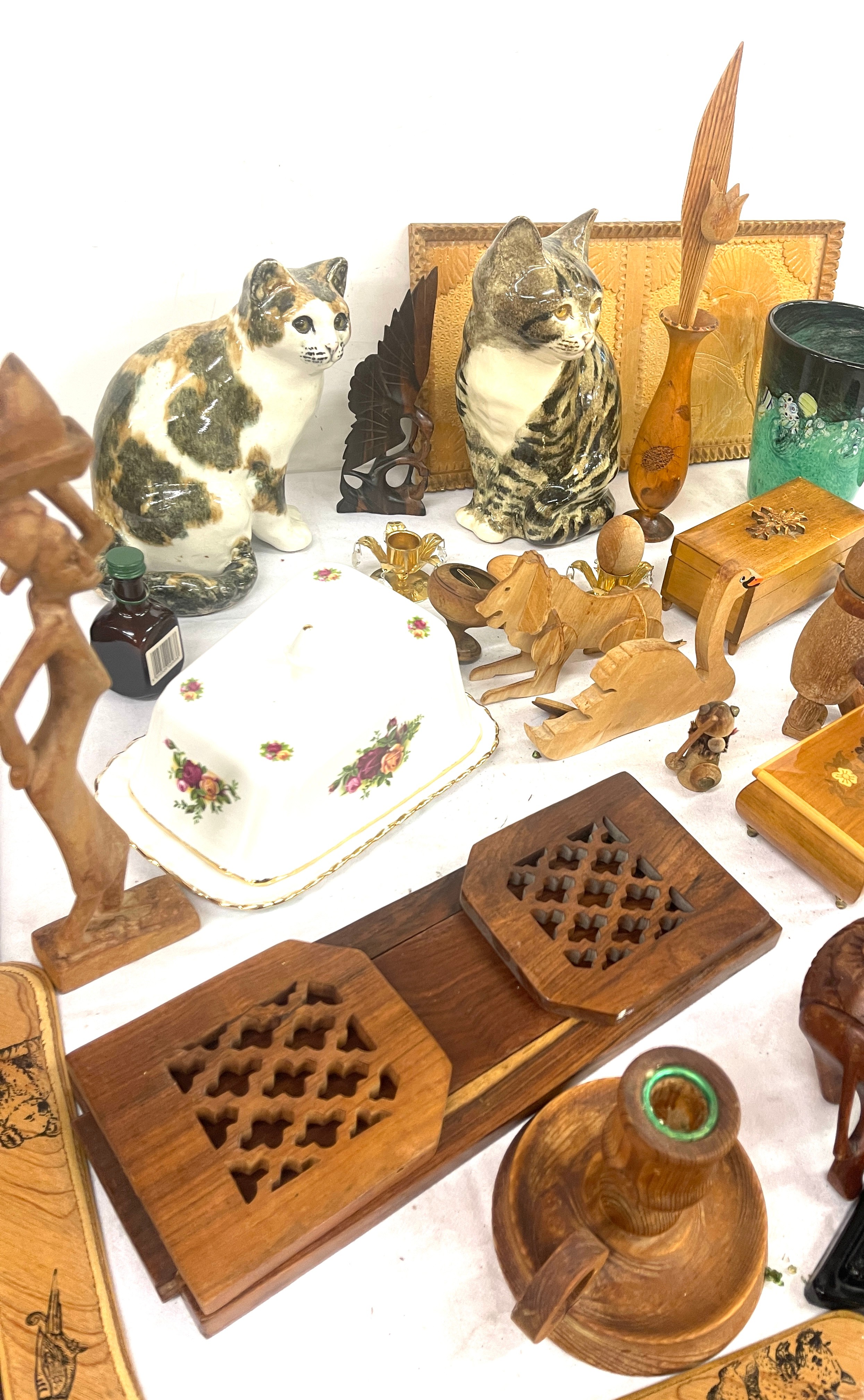 Selection of miscellaneous includes wooden items, cat figures, Royal Albert cheese dish etc - Image 2 of 6