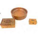 3 Wooden items includes Mauchline ware box, carved wooden box and a wooden fruit bowl