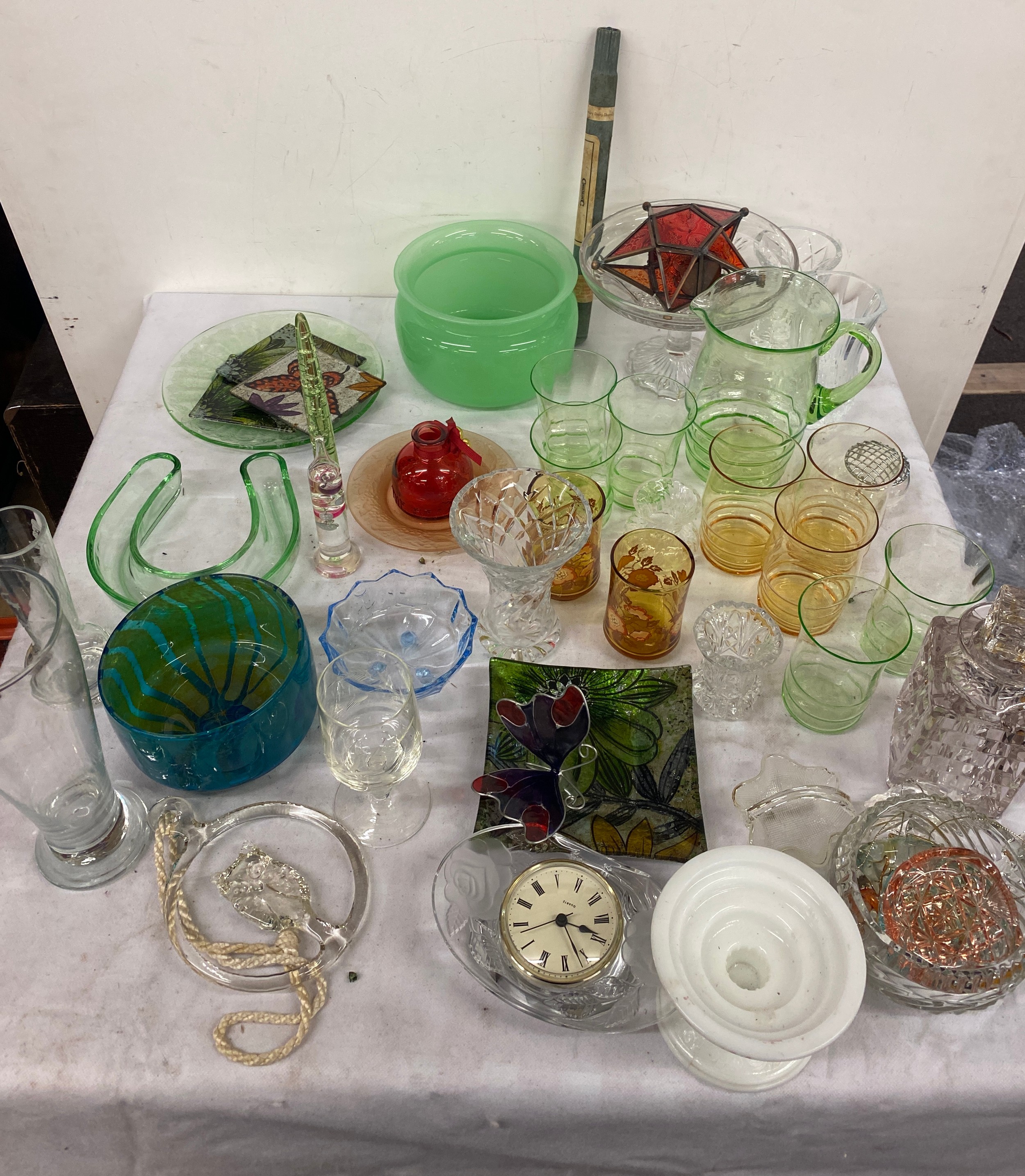 Selection of assorted glassware includes coloured glass etc