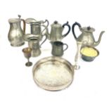 Large selection of pewter/ metal ware includes jugs, rose vase etc