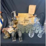 Large selection of miscellaneous items includes advertising glassware, wooden items, snuff box etc