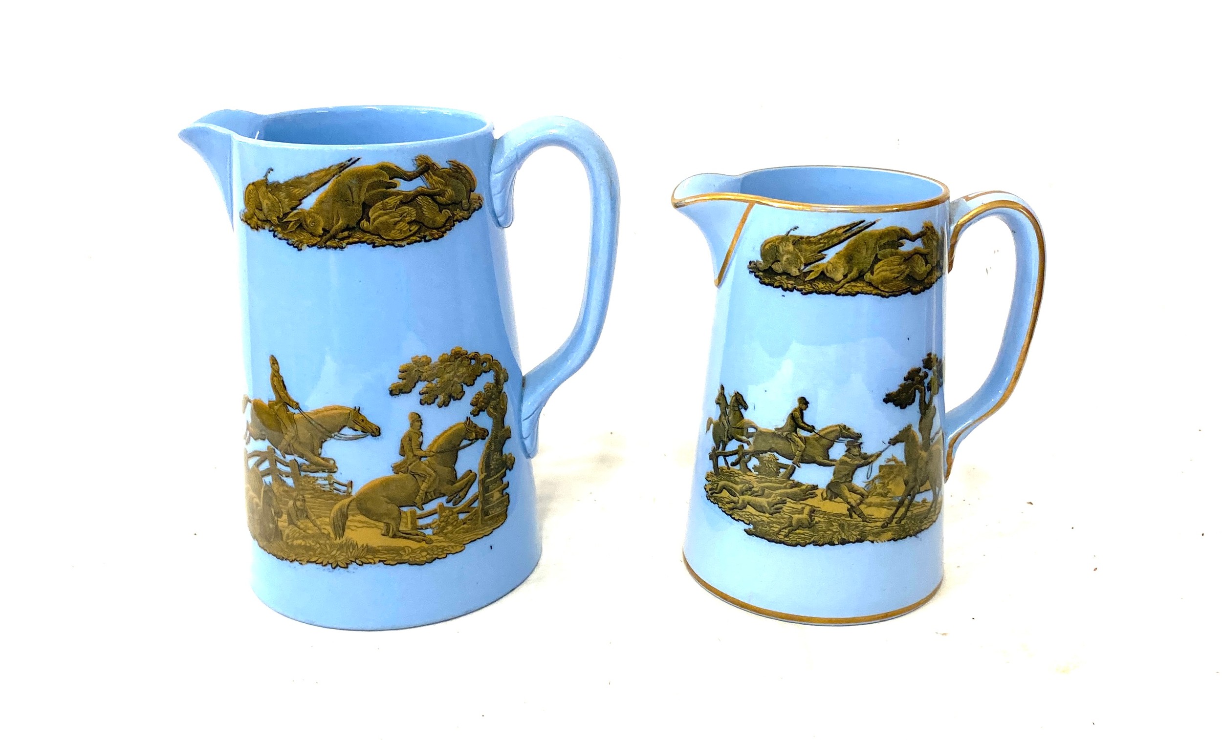 2 Antique Prattware jugs, hunting scenes, Diamond registration mark mid 19th century - Image 3 of 4