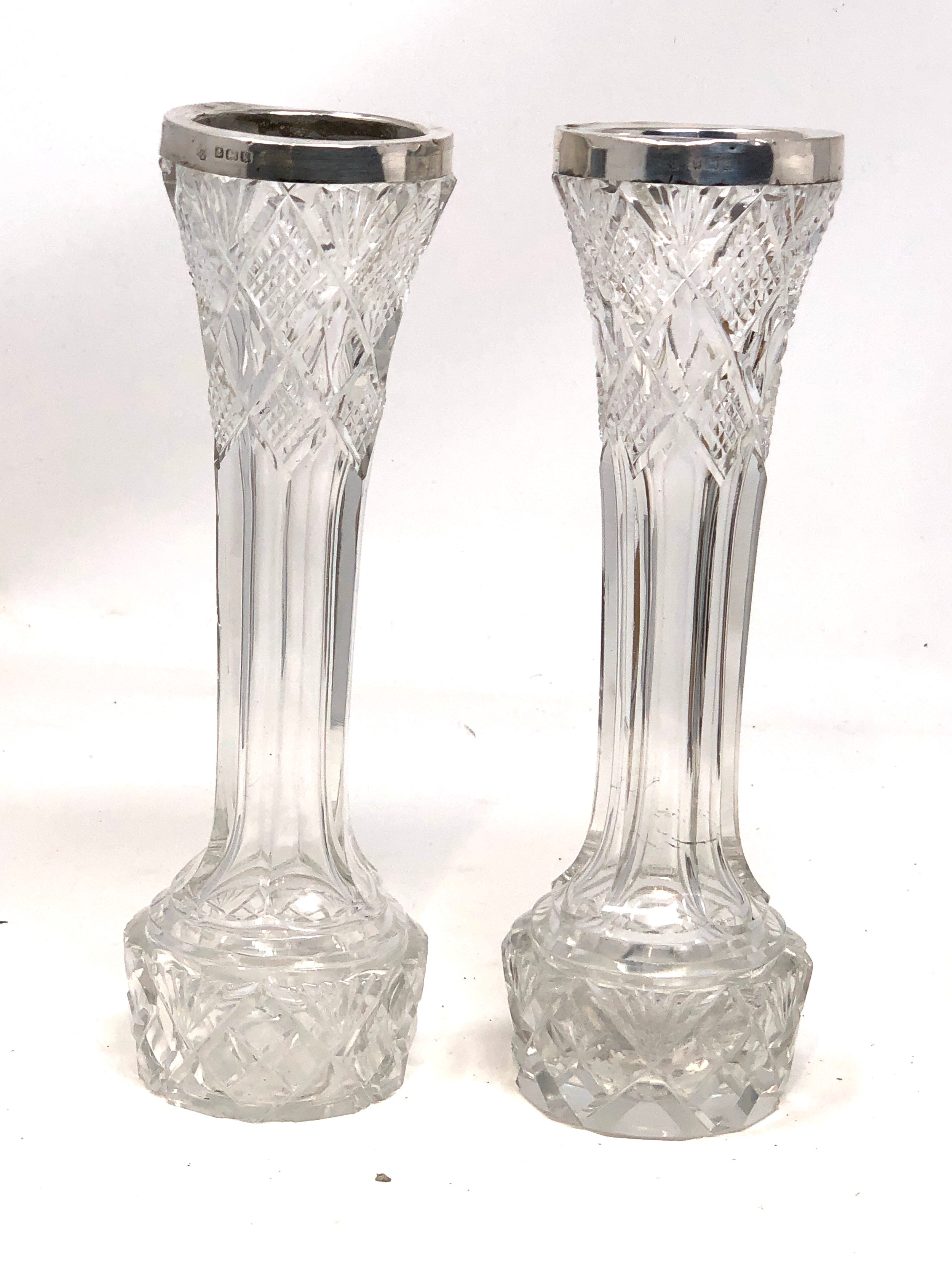 2 antique silver rim cut glass flower vases height 17cm - Image 2 of 4