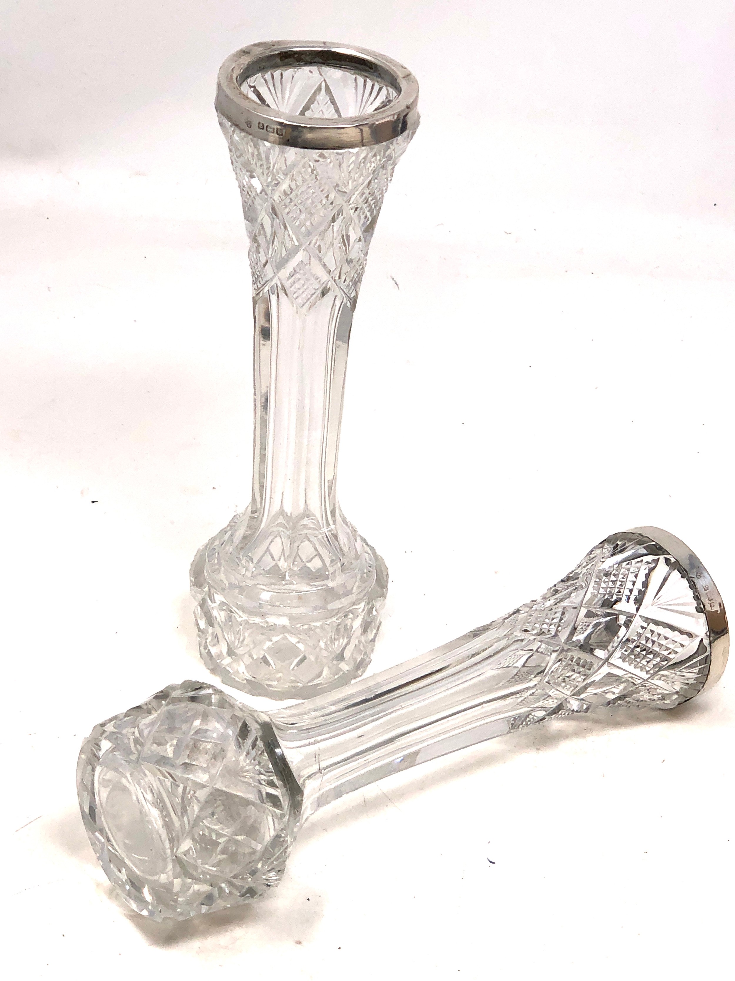 2 antique silver rim cut glass flower vases height 17cm - Image 3 of 4