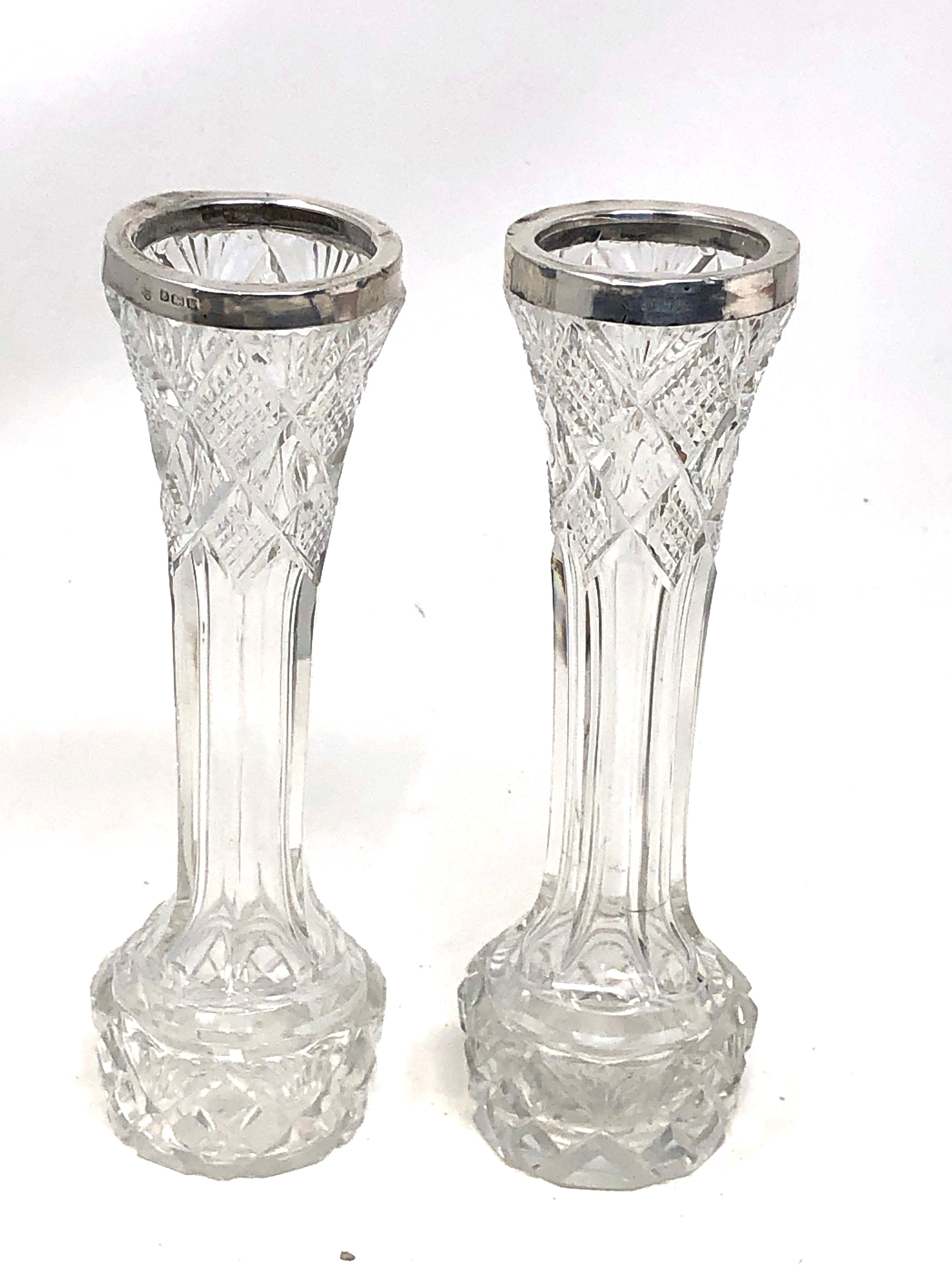 2 antique silver rim cut glass flower vases height 17cm