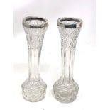 2 antique silver rim cut glass flower vases height 17cm