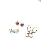 3 x 9ct gold paired gemstone stud earrings inc. amethyst & sapphire