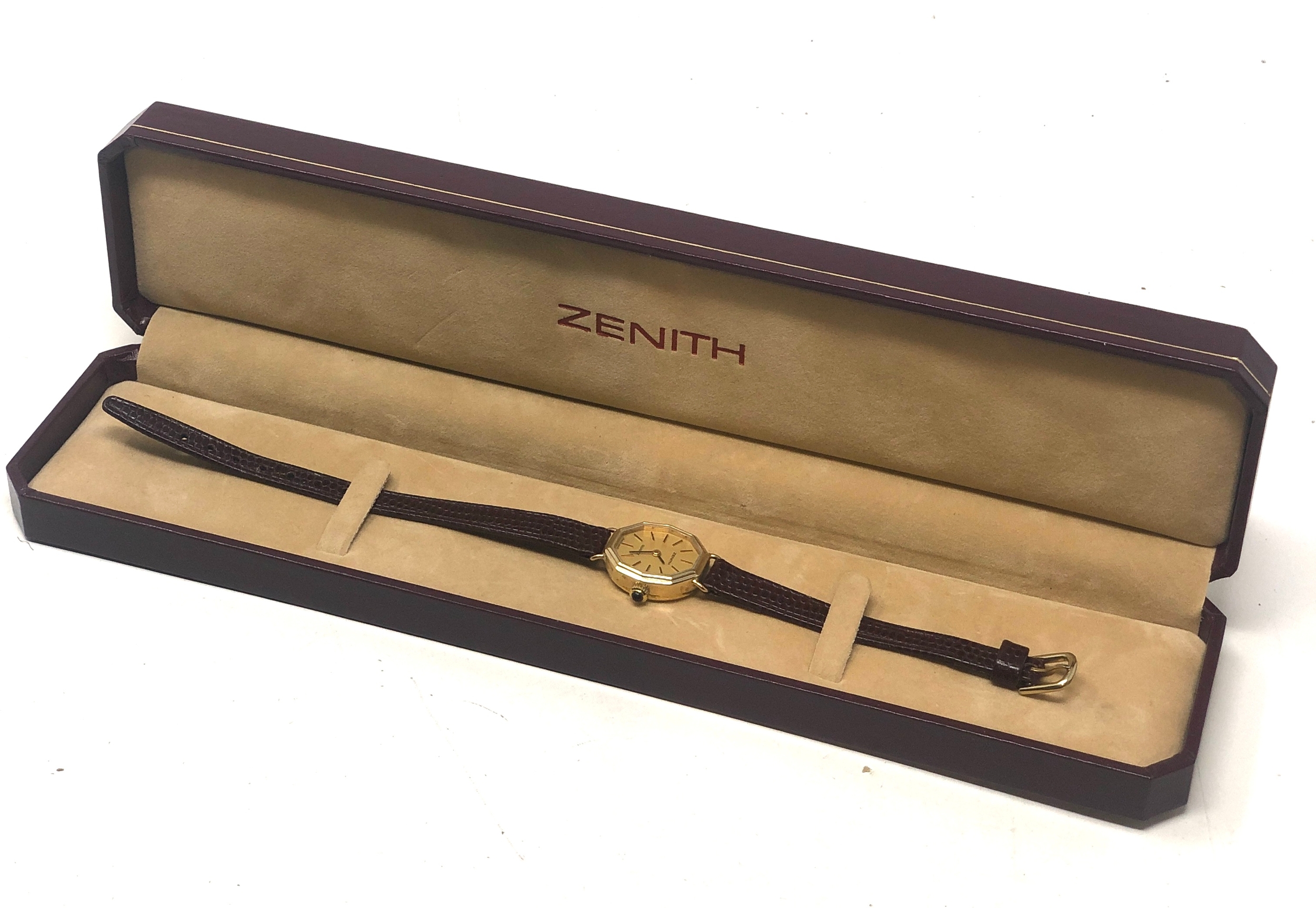 Boxed Ladies 9ct gold Zenith quartz wristwatch the watch is ticking