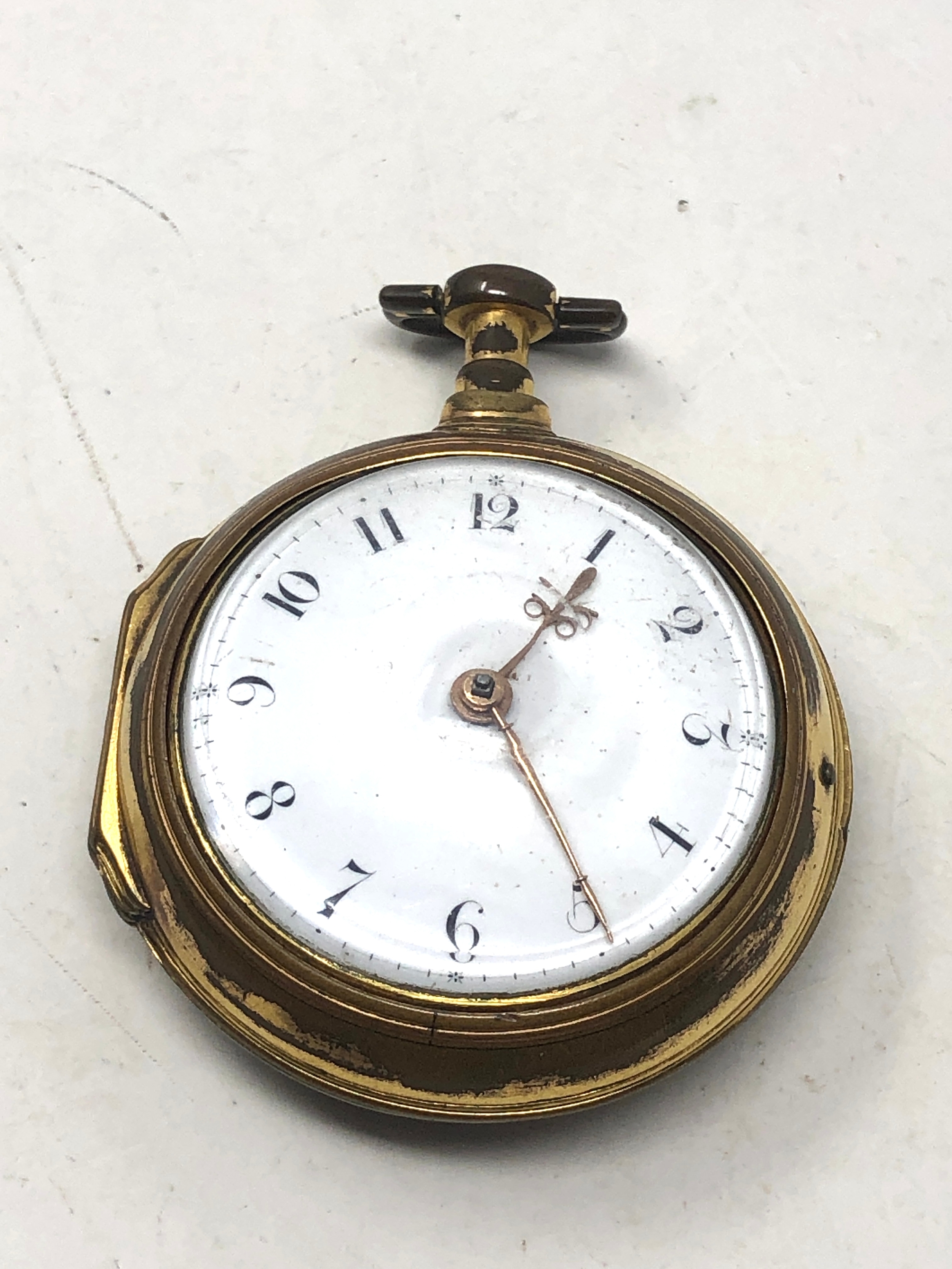 Antique gold plated fusee pair case pocket watch the watch is not ticking spares or repair case worn