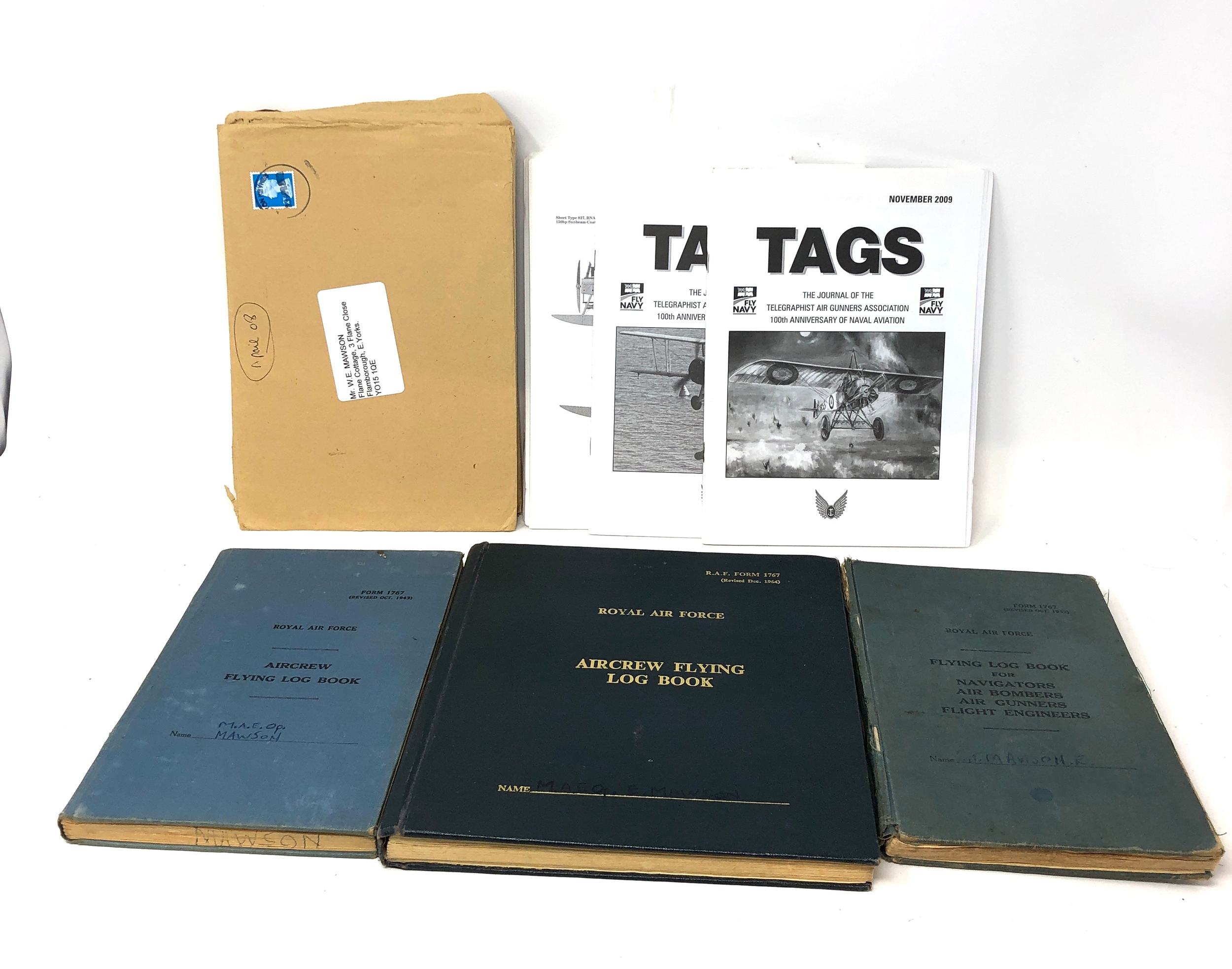 3 raf logbooks relating to sgt w.e mawson + tacs magazines logbooks first entyry 3/4/52 last 27/7/70