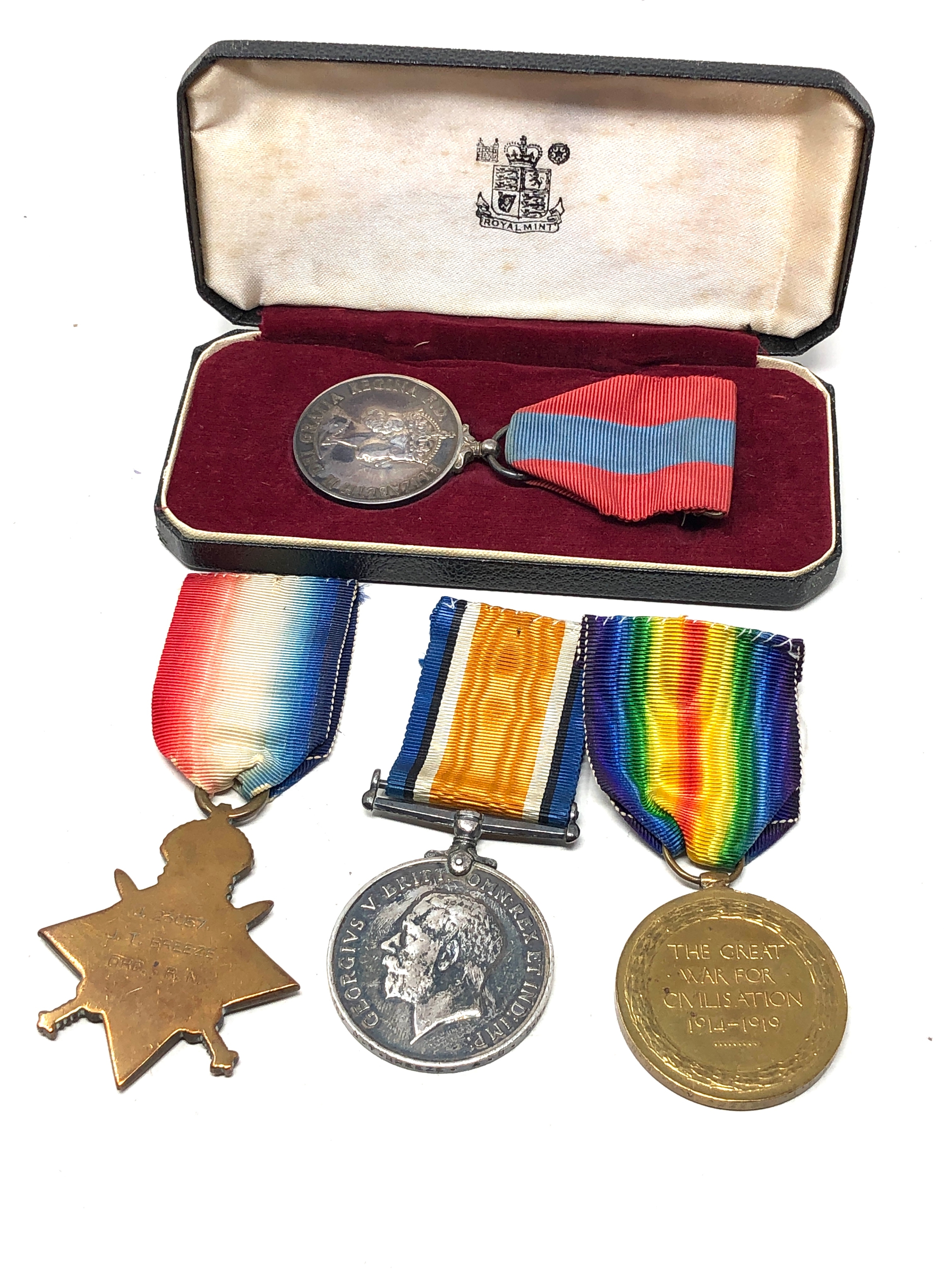 ww1 trio medals & imperial service medal to j.23057 j.t.breeze ord r.n - Image 2 of 2