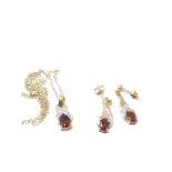 9ct gold garnet & diamond pendant necklace & drop earrings set (3.1g)