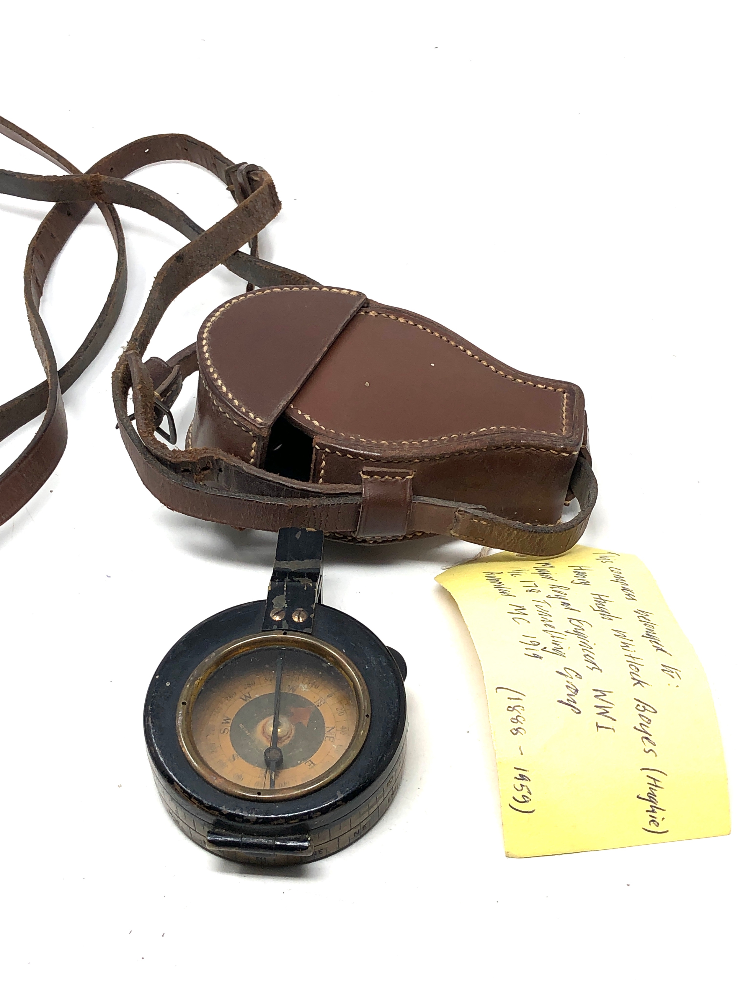 ww1 named officers compass & leather case to capt h.h.w boyes royal engineers labelk giving details