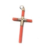 Large Antique coral cross yellow metal mounts measures approx 6cm drop by 2.8cm wide