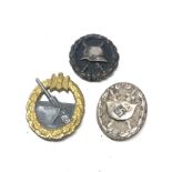 3 german badges includes silver wound badge No 92 coastal artillery mark FLL 2 missing pins